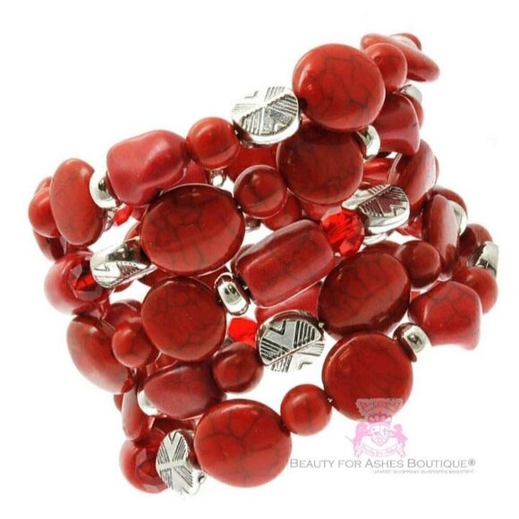 Faux Red Coral Firecracker Coil Bracelet Jewelry - Rustic Adjustable Chunky Firecracker Faux Coral Stone Red Silver Coil Bracelet